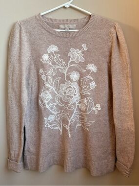 LOFT Cotton Blend Beige Sweater with White Floral Embroidery Size M